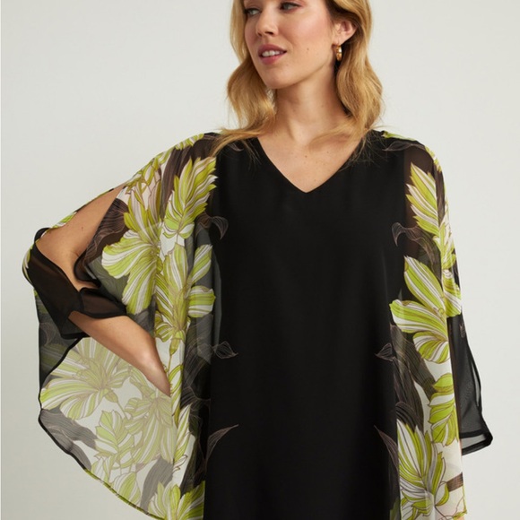Joseph Ribkoff Electric Boho Minimalist Black Green Poncho Tunic Blouse Sz 16 - Picture 3 of 12